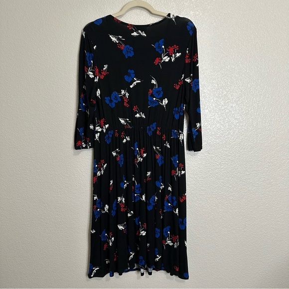 ModCloth Black Floral Ruching 3/4 Sleeves Midi Dress, Sz Large - Picture 5 of 11